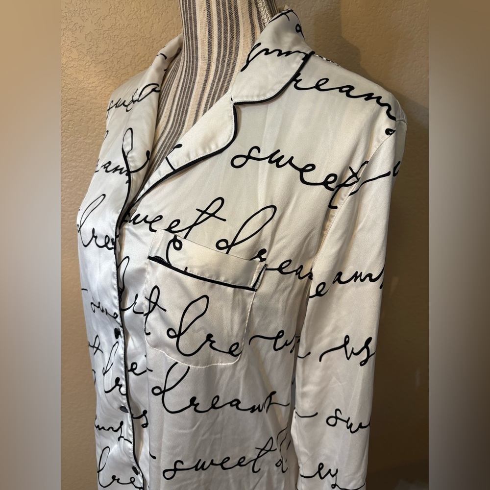 Victoria's Secret Nightgown Small White Satin Long Pajama Shirt Black Script - Picture 8 of 13